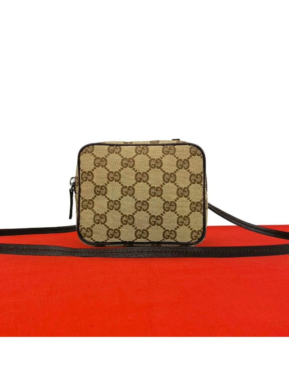 Gucci GG Logo Pattern Canvas Leather Mini Small Shoulder Bag Pochette Brown